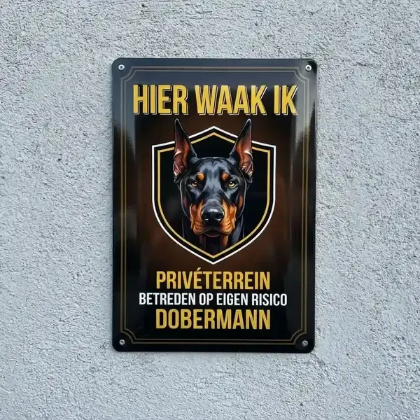 Metalen Waakbord Dobermann - Hier Waak Ik