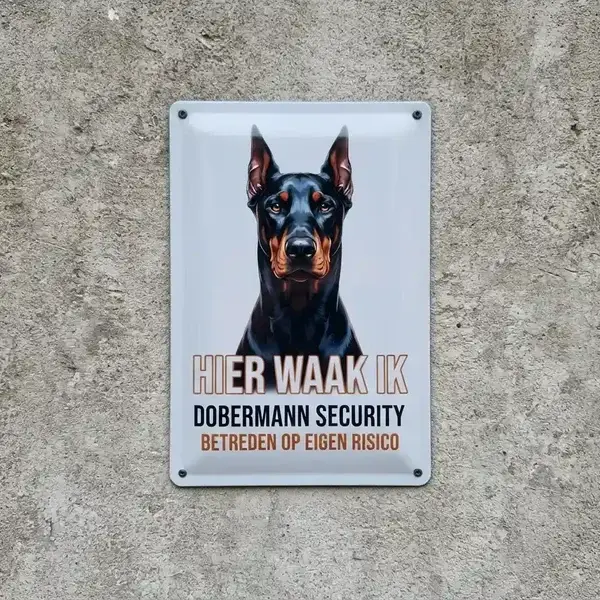 Metalen Waakbord Dobermann - Hier Waak Ik