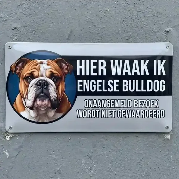 Metalen Waakbord Engelse Bulldog - Hier Waak Ik