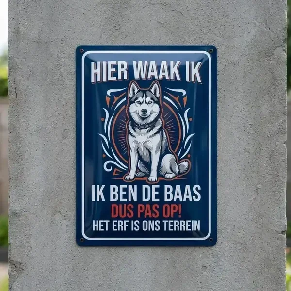 Metalen Waakbord Husky - Hier Waak Ik
