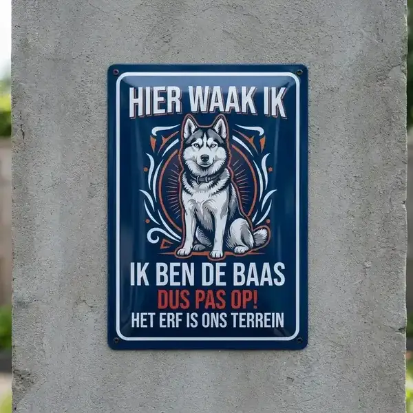 Metalen Waakbord Husky - Hier Waak Ik