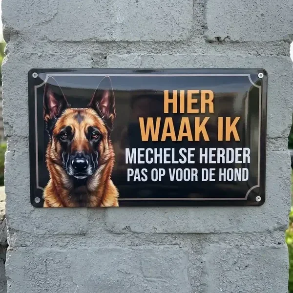 Metalen Waakbord Mechelse Herder - Hier Waak Ik