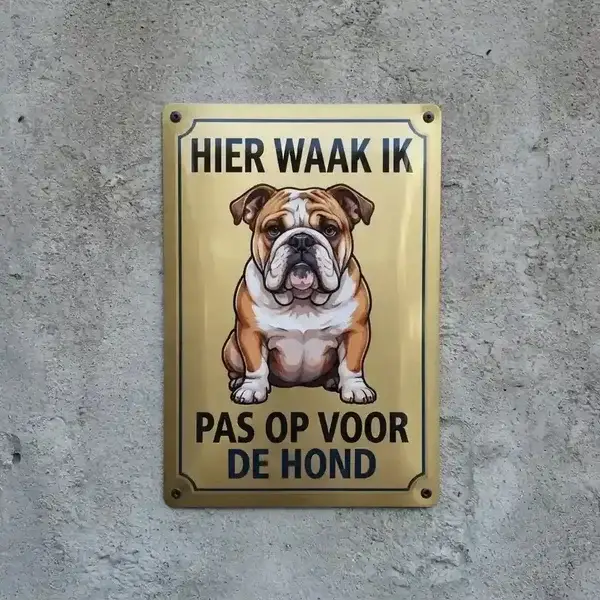 Metalen Waakbord Engelse Bulldog – Hier Waak Ik