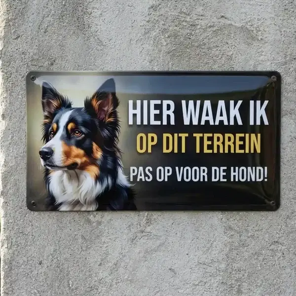 Metaal Waakbord Border Collie - Hier Waak Ik