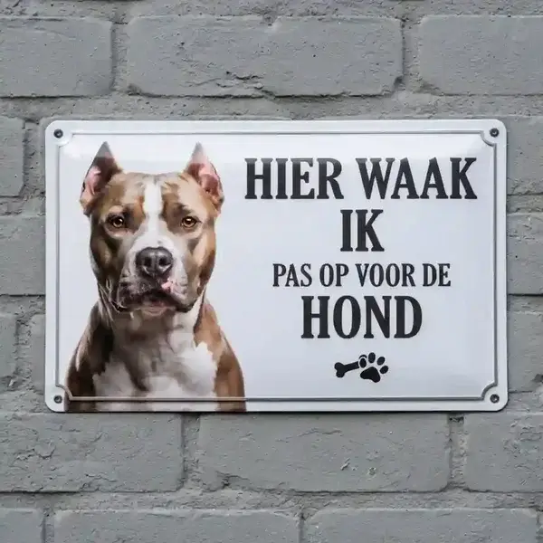 Metalen Waakbord Pitbull - Hier Waak Ik