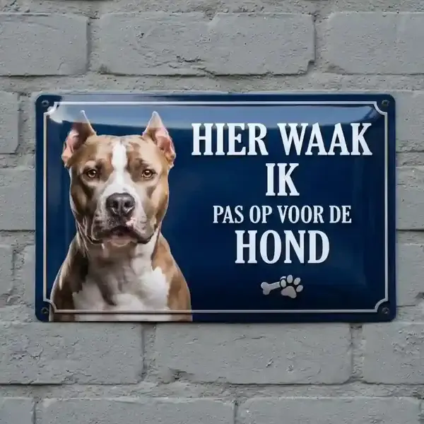 Metalen Waakbord Pitbull - Hier Waak Ik