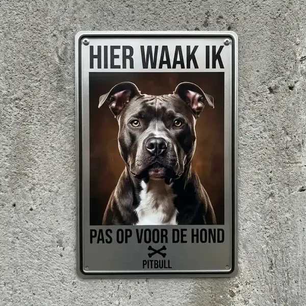 Metalen Waakbord Pitbull - Hier Waak Ik