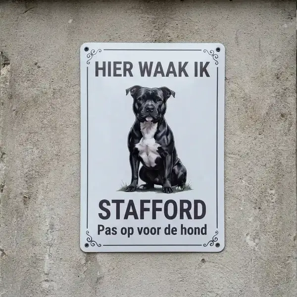 Metalen Waakbord Staffordshire Terrier - Hier Waak Ik