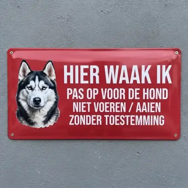 Metalen Waakbord Husky - Hier Waak Ik