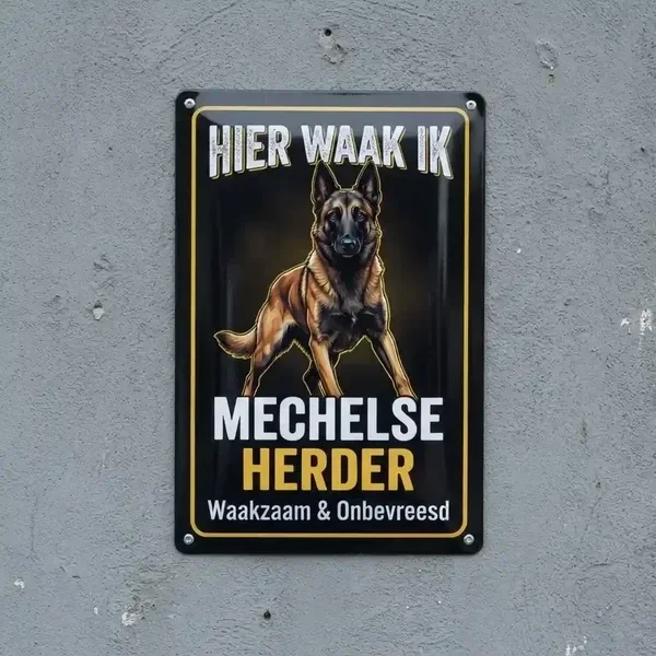 Metalen Waakbord Mechelse Herder - Hier Waak Ik
