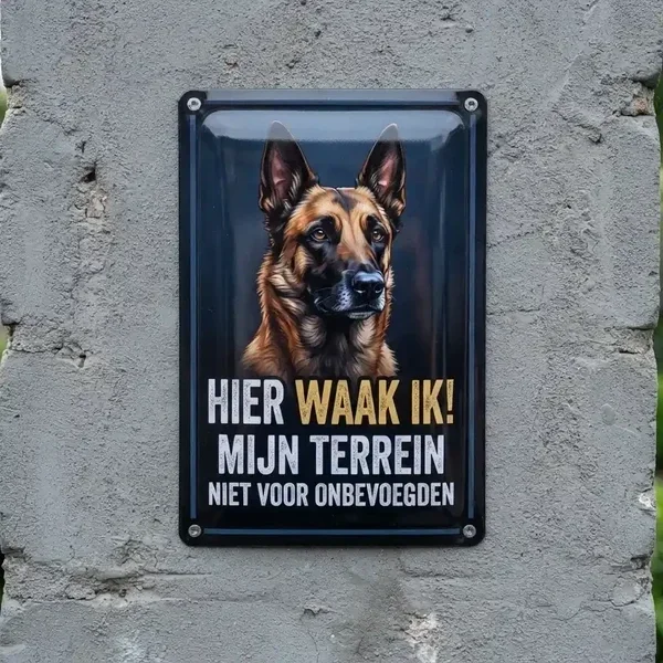 Metalen Waakbord Mechelse Herder - Hier Waak Ik