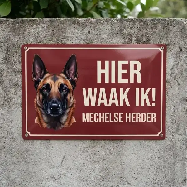 Waakbord Mechelse Herder - Metaal "Hier Waak Ik!"