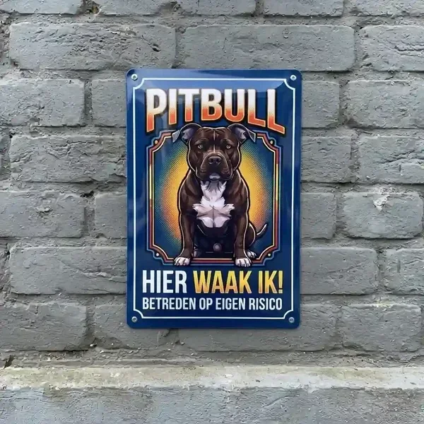 Metalen Waakbord Pitbull - Hier Waak Ik