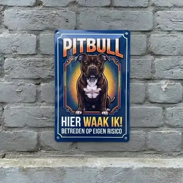 Metalen Waakbord Pitbull - Hier Waak Ik