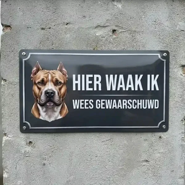 Metalen Waakbord Pitbull - Hier Waak Ik