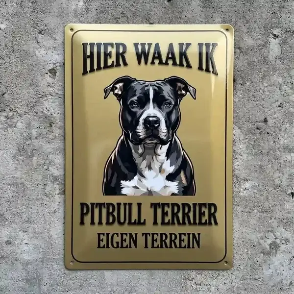 Metalen Waakbord Pitbull - Hier Waak Ik