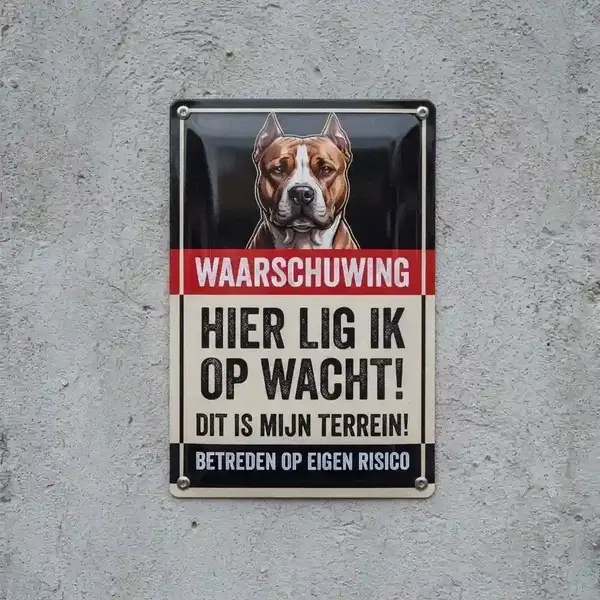 Metalen Waakbord Pitbull - Hier Lig Ik Op Wacht
