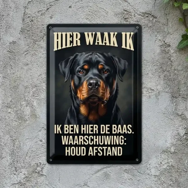 Metalen Waakbord Rottweiler - Hier Waak Ik
