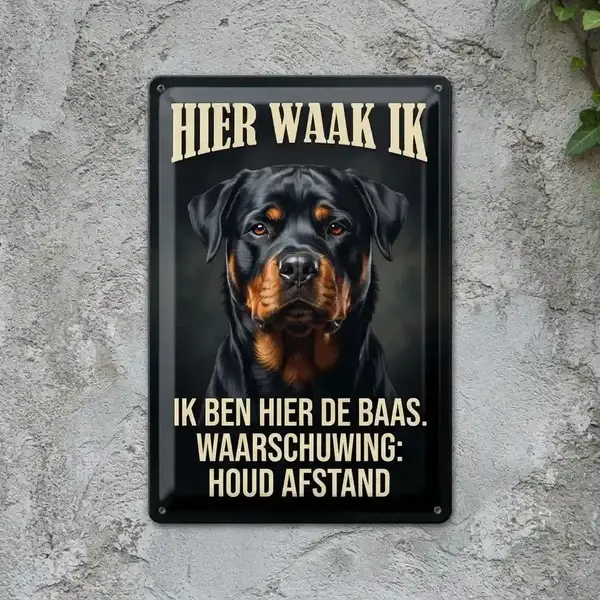 Metalen Waakbord Rottweiler - Hier Waak Ik