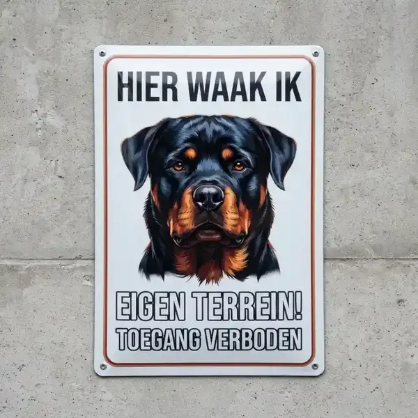 Rottweiler Waakbord Metaal Drietalig "Hier Waak Ik"