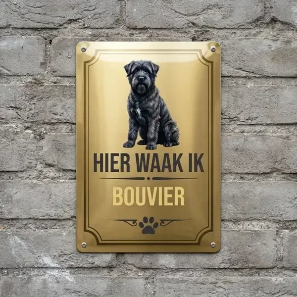 Metalen Waakbord Bouvier "Hier Waak Ik" - Goud