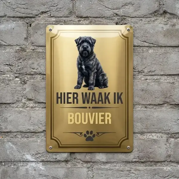 Metalen Waakbord Bouvier "Hier Waak Ik" - Goud