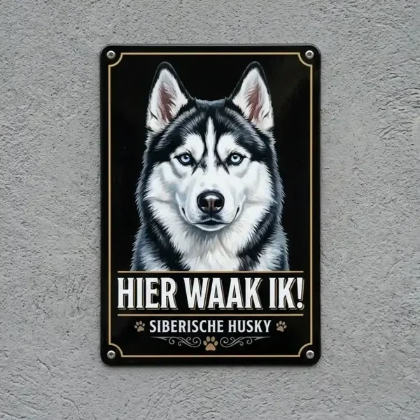 Metalen Waakbord Siberische Husky - Hier Waak Ik