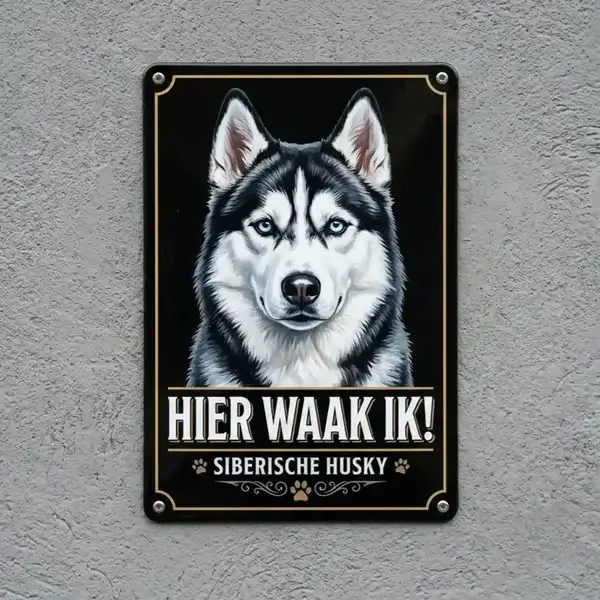 Metalen Waakbord Siberische Husky - Hier Waak Ik