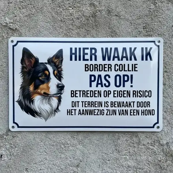 Metalen Waakbord Border Collie - Hier Waak Ik
