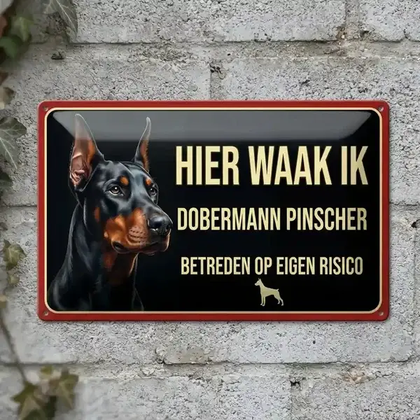 Metalen Waakbord Dobermann Pinscher - Hier Waak Ik