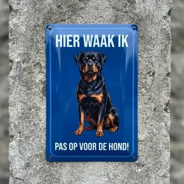 Metalen Waakbord Rottweiler - Hier Waak Ik