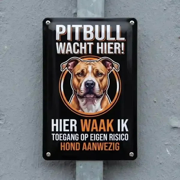 Metalen Waakbord Pitbull - Hier Waak Ik