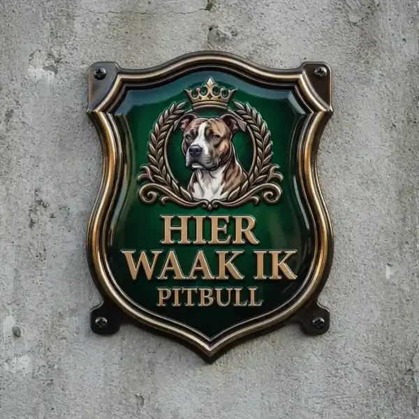 Hier waak ik Pitbull schild acryl goud/groen