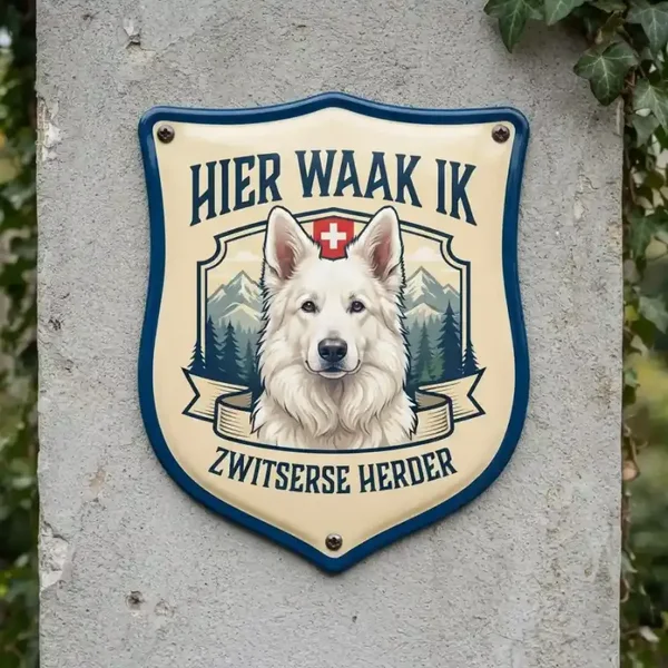 Zwitserse Witte Herder Waakbord Acryl - Hier Waak Ik