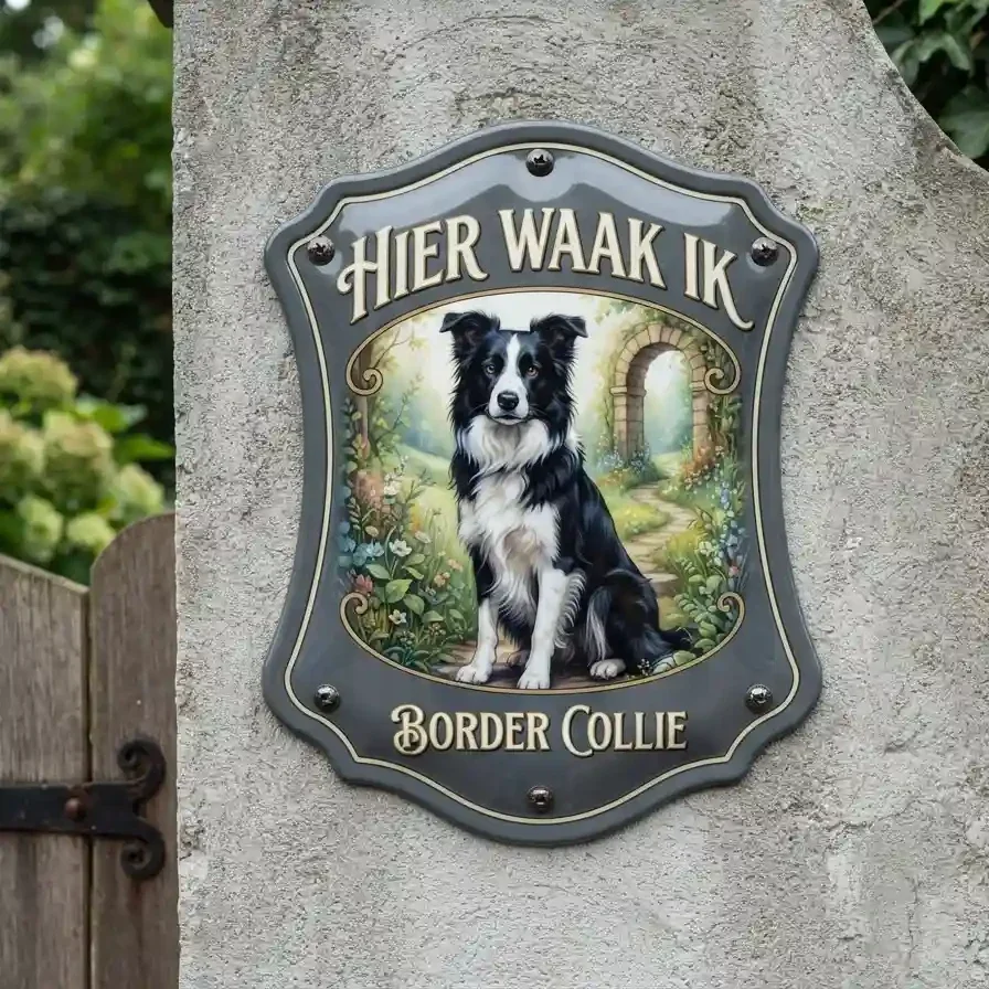 Border Collie Waakbord Acryl - Hier Waak Ik