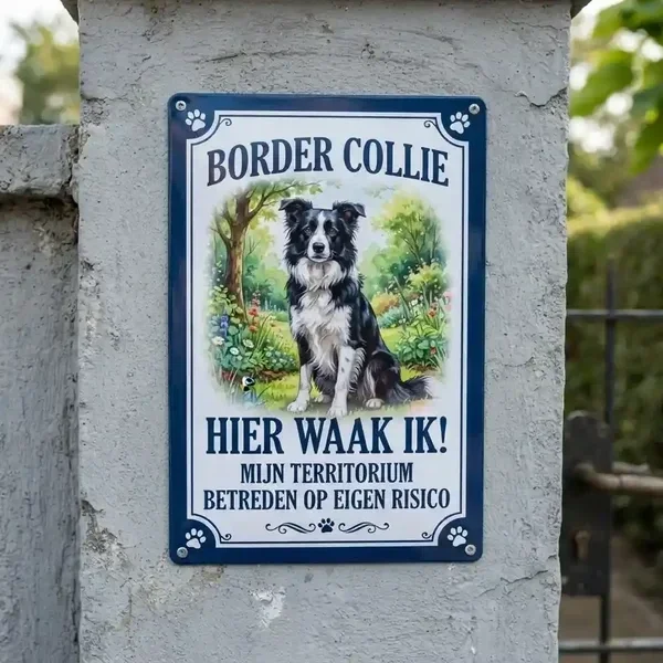 Metalen Waakbord Border Collie - Hier Waak Ik