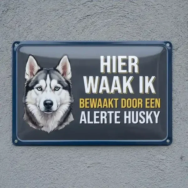 Metalen Waakbord Husky - Hier Waak Ik