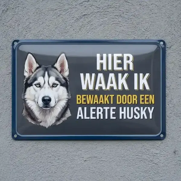 Metalen Waakbord Husky - Hier Waak Ik