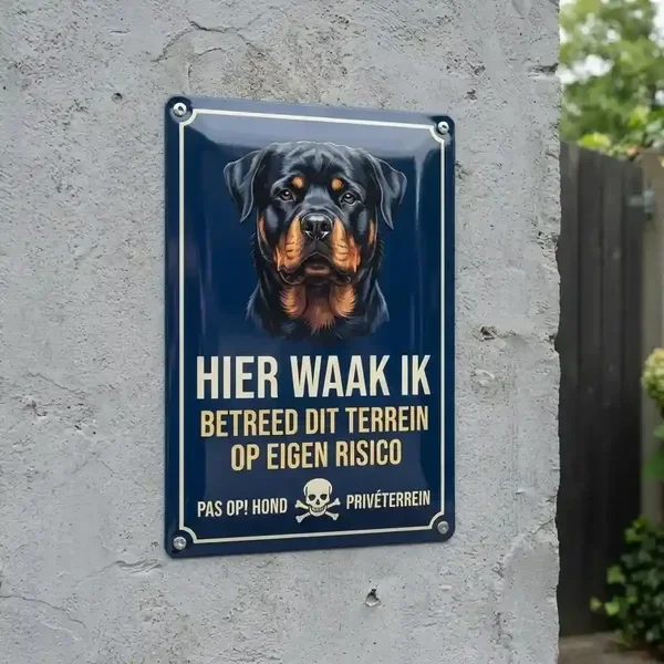 Metalen Waakbord Rottweiler - Hier Waak Ik