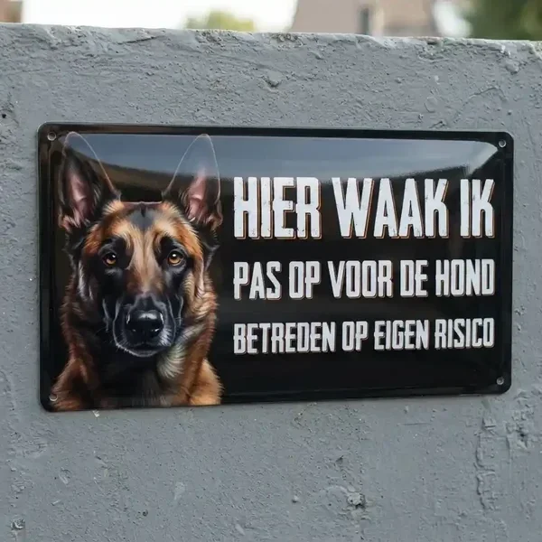 Metalen Waakbord Mechelse Herder - Hier Waak Ik