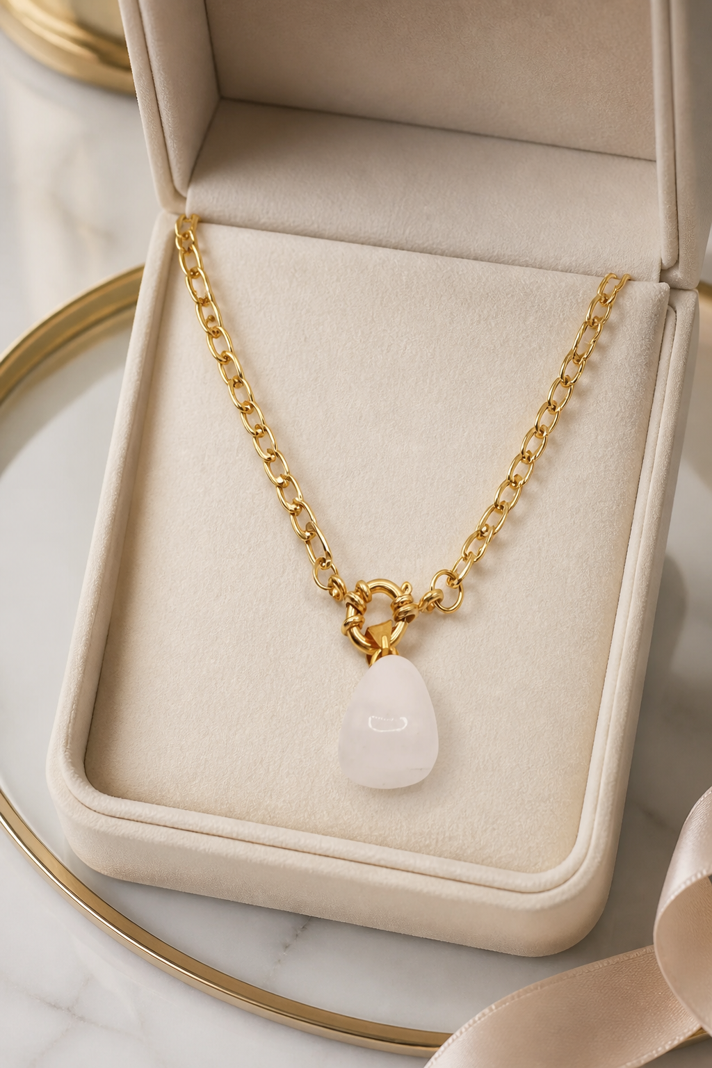 Gouden ketting met witte aventurijn edelsteen