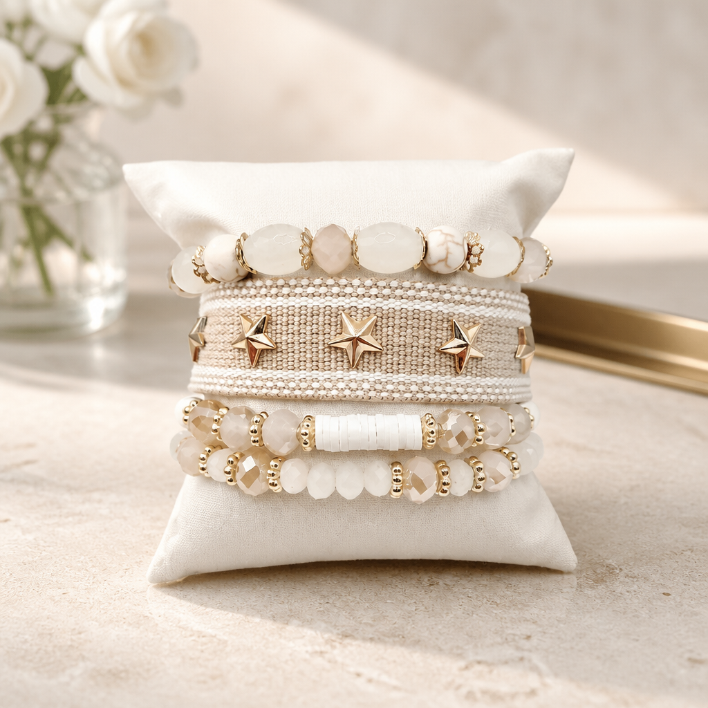 Armbanden set Goud -off white taupe star