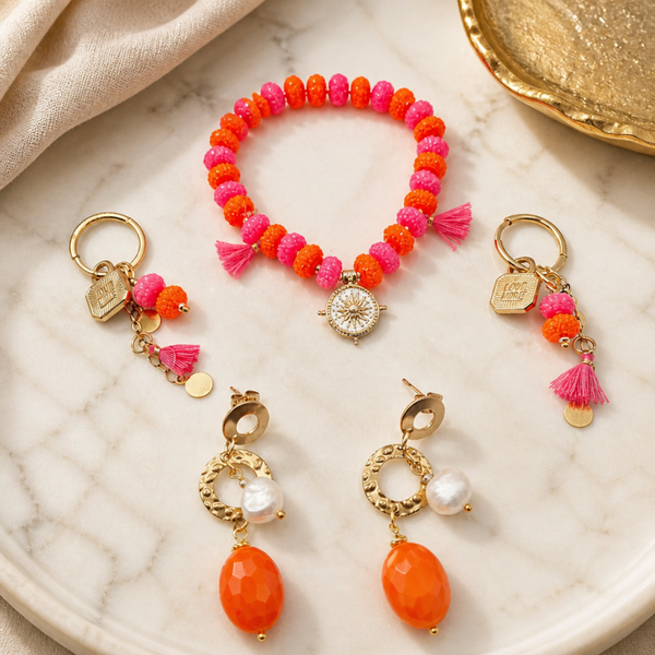 Armband Bussola het kompas in de kleuren fuchsia & oranje