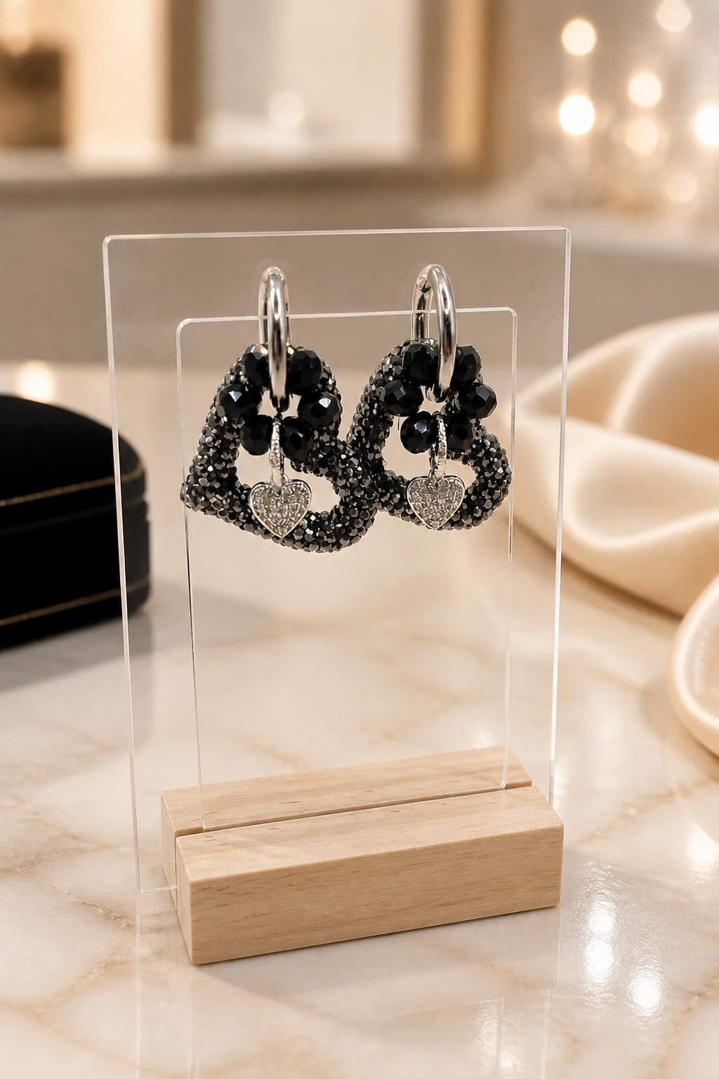 Oorbellen zilver met zwarte hartjes
