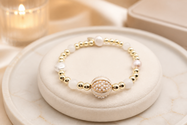 Gold Filled 18k armband 5mm met zoetwaterparels en rozekwarts