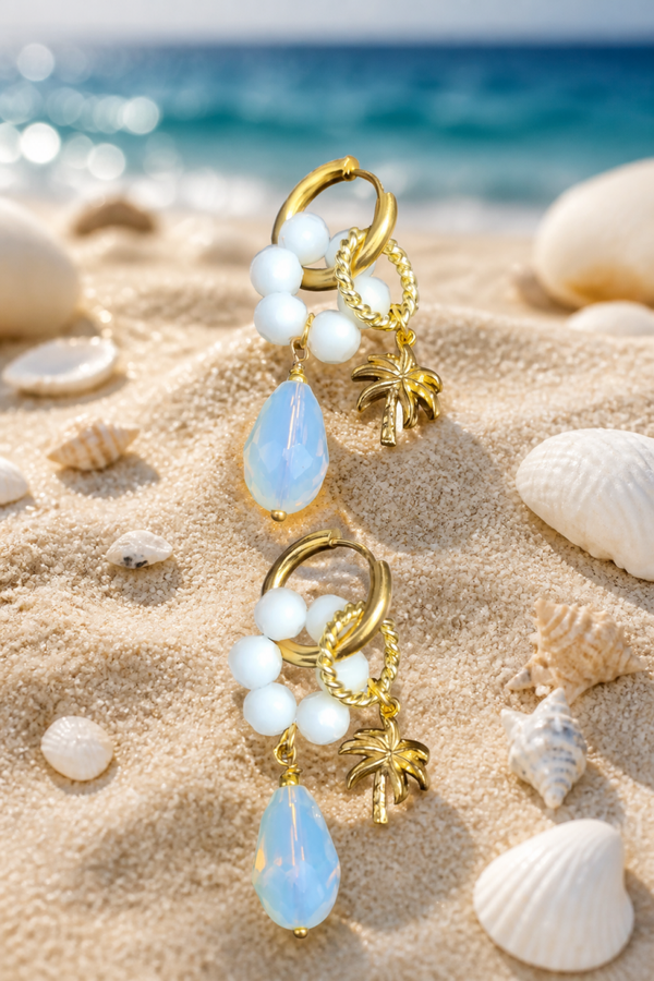 Oorbellen Palm Beach wit met maansteen en palmboom