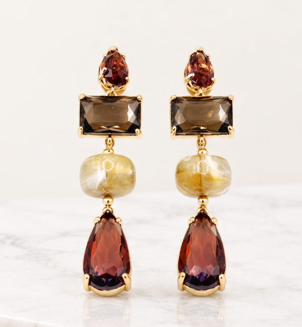 Luce d’Oro oorbellen goud wijnrood, olijf & creme
