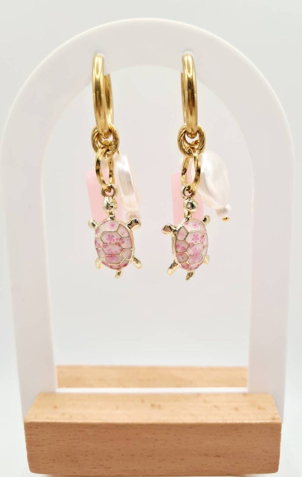 Oorbellen stainless steel schildpad & parel