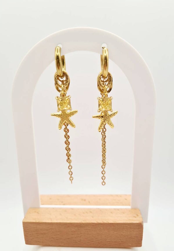 Oorbellen stainless steel met zachtgeel steentje & zeester