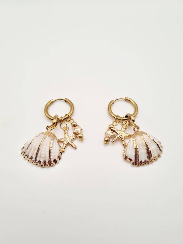 Oorbellen zeeschelp Beach goud & wit